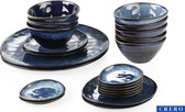 CRERO Luxe Serviesset - 22 delig - Keramiek servies - Bordenset - Serveerschaal - Ontbijt borden - Bowls - Schaaltjes - Blauwe vintage look