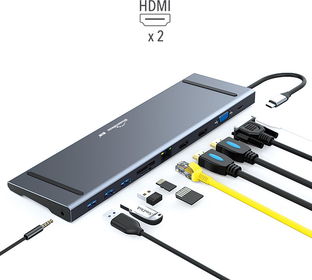 Multifunctionele 11-in-1 USB-C Hub Adapter - USB C Docking Station met Dual HDMI, USB 3.0 Hub, 3,5mm Jack, 1000MB LAN, SD & Micro SD Kaart Slot - 100W Power Delivery en VGA-poort - Spacegrey