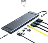 HS Group - Station d'accueil 11en1 - pour ordinateur portable - Hub USB C - avec 2x HDMI - Répartiteur USB - Dock USB C - 2xHDMI, VGA, SD et USB3. 0 - antidérapant - Grijs