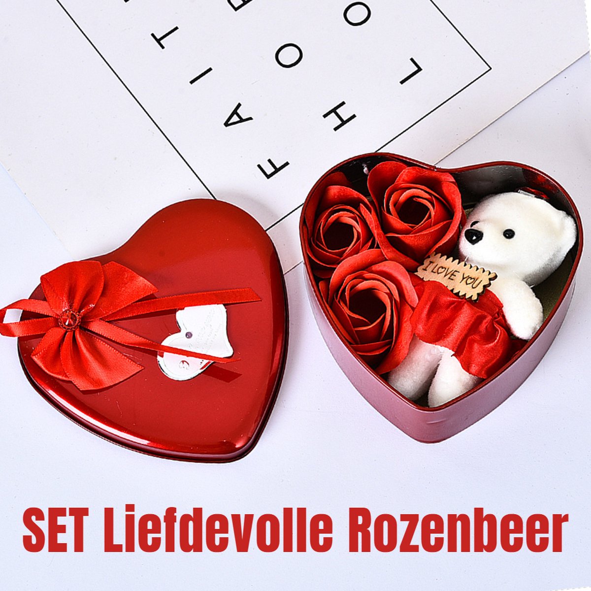 Schattige bloembeer, rozenbeer, Valentijnsdag, cadeau voor haar, schattige beer, voor meisjes, vrouw, vriendin, met 25 cm transparante geschenkdoos en kaart