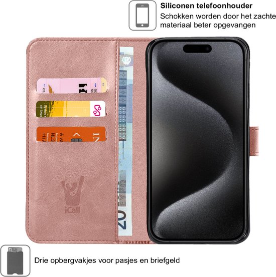 Étui pour iPhone 15 Pro Max - Protecteur d'écran GlassGuard et protecteur d'écran pour objectif d'appareil photo Zwart - Étui à livres en Cuir avec porte-cartes Or rose
