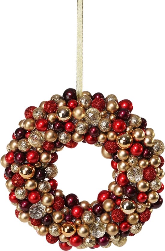Décoratif | Couronne avec boules de Noël, rouge/or, PVC, 33x33cm | A239032