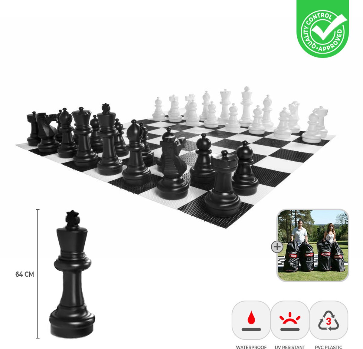 XL Groot Schaakspel - 64 cm - plus 4 draagtassen ®Designed in UK - Prachtig afgewerkt - Kwaliteit & Klasse - Profi
