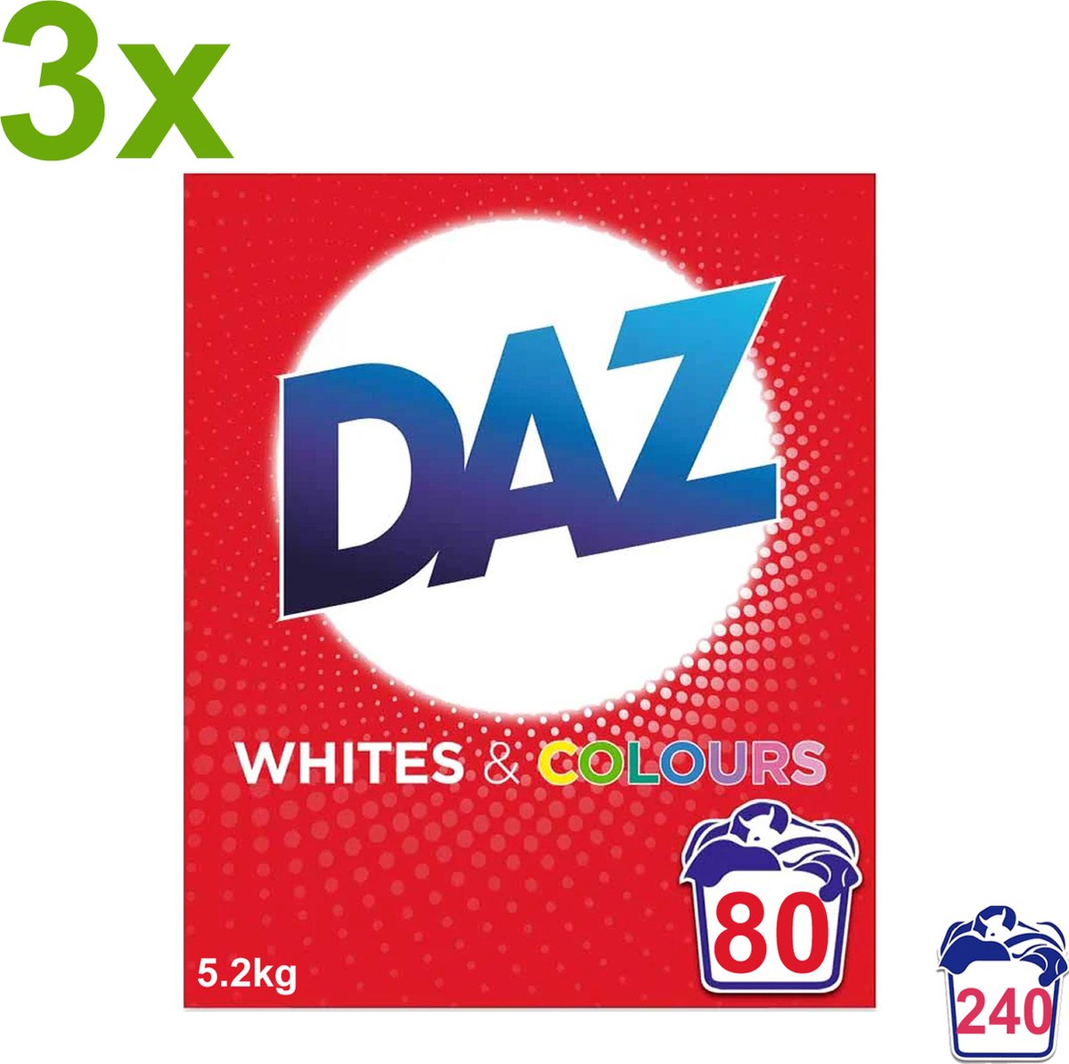 DAZ - Whites & Colours - Waspoeder - Wasmiddel - 3x 5.2kg - 240 Wasbeurten - Voordeelverpakking