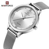 NAVIFORCE horloge met zilveren stalen polsband, witte wijzerplaat en zilveren horlogekast voor dames met stijl ( model 5023 SW )