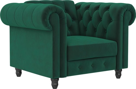 Felix - Donkergroene fluwelen chesterfield fauteuil (83 x 111 x 87 cm)