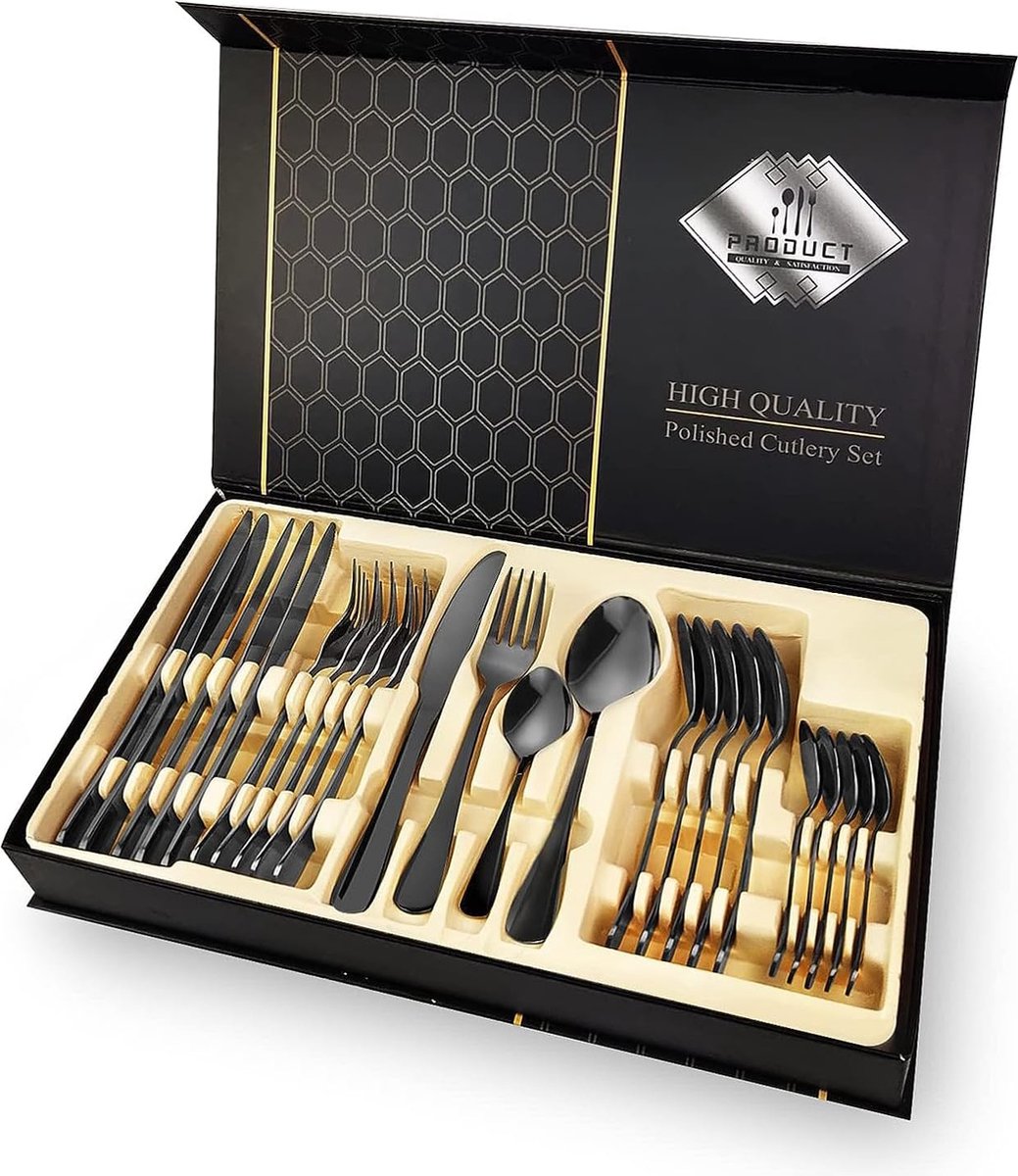 Set 24-delige roestvrijstalen serviesset Bestekset voor 6 personen met geschenkdozen (zwart)