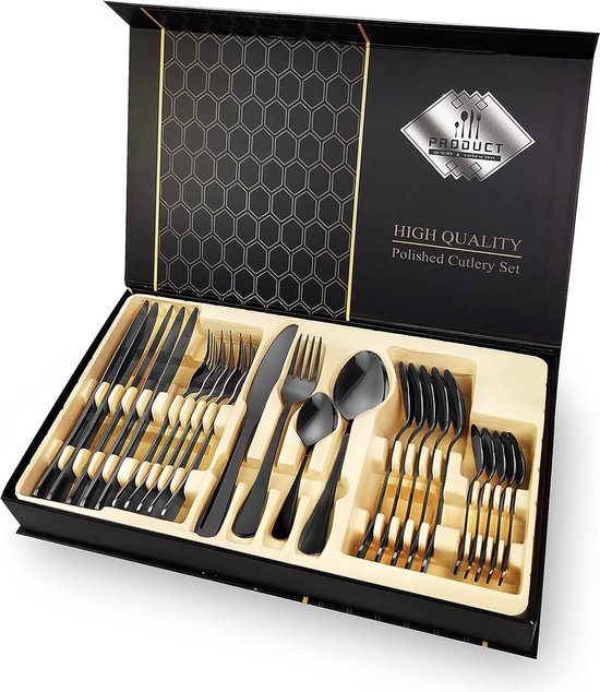 Set 24-delige roestvrijstalen serviesset Bestekset voor 6 personen met geschenkdozen (zwart)