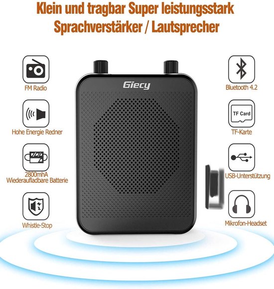 Spraakversterker - Stemversterker - geluidversterker - Draagbare Bluetooth Luidspreker (30 W) met 7,4 V/2800 mAh Lithium Batterij en Microfoon Headset - Oplaadbare Stemversterker voor Leraren - Reizigers - Vergaderingen - Muzikanten - Muziek - 