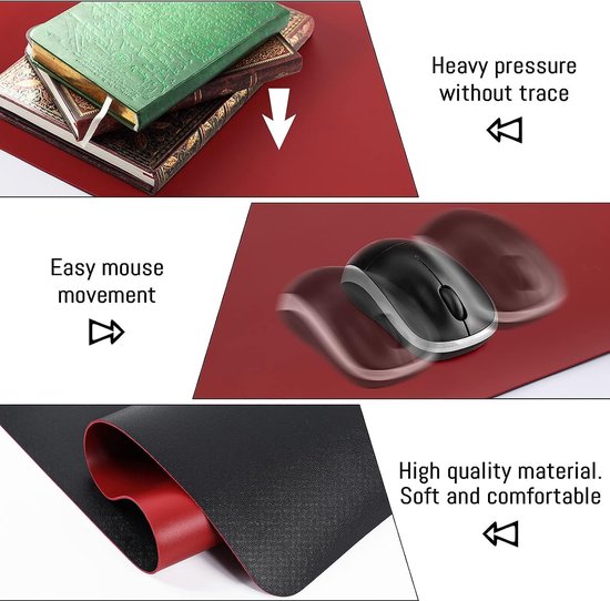 Sous-main Bureau Cuir Synthétique XXL 85x40 Cm – Réversible Noir Nuit/Rouge Avec Tapis De Souris Intégré – Élégant Et Lavable