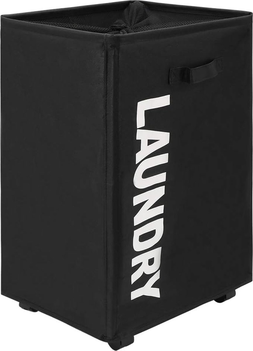 Goedkoopste Grote wasmand met 4 wielen en handgrepen aan beide zijden, opvouwbare wasmand, opvouwbare wasmand en -organizer, hoge opbergmand (zwart, 56 cm