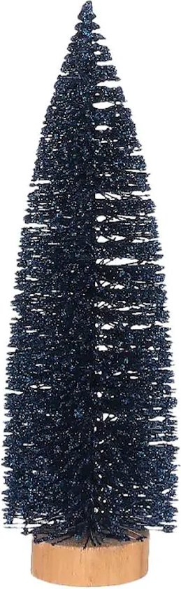 Donkerblauwe glitter kerstboom op houten voet, 25 cm.