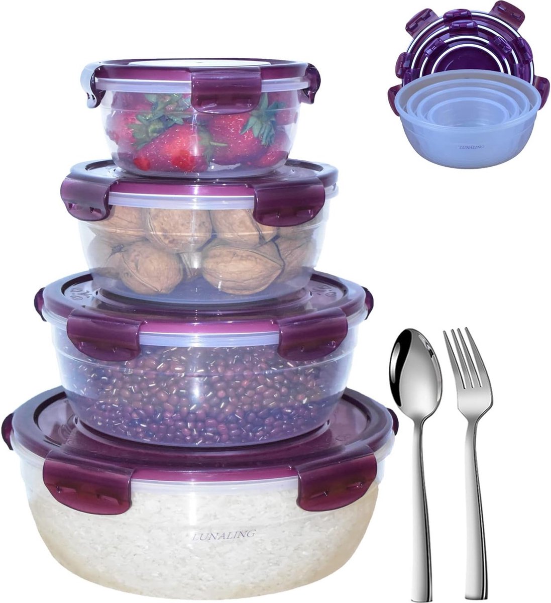 Vershouddozen. 4-delige verzegelde voedselcontainer. Sala/fruit/broodtrommel kan in de magnetron worden verwarmd. Of vers in de koelkast bewaren.