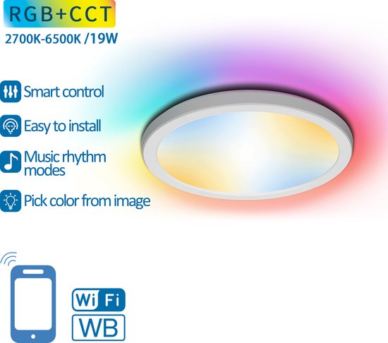 Plafonnier Ø 24cm WiFi/ Bluetooth RGB+CCT 2700K-6500K | RGB - blanc chaud - blanc lumière du jour - Lampe à incandescence LED 19W=150W