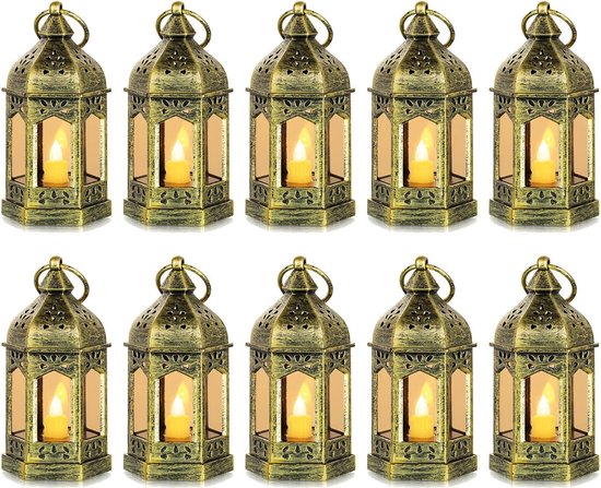Set van 10 mini-lantaarns, decoratief, goud, tafeldecoratie, kleine lantaarn om op te hangen, met led-kaarsen voor bruiloft, ramadan, Kerstmis, balkon, tuin, outdoor