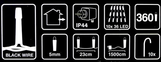 Pictogrammen: zwarte draad, 5mm LED, 23cm afstand, 1500cm lengte, 10 grondpennen.