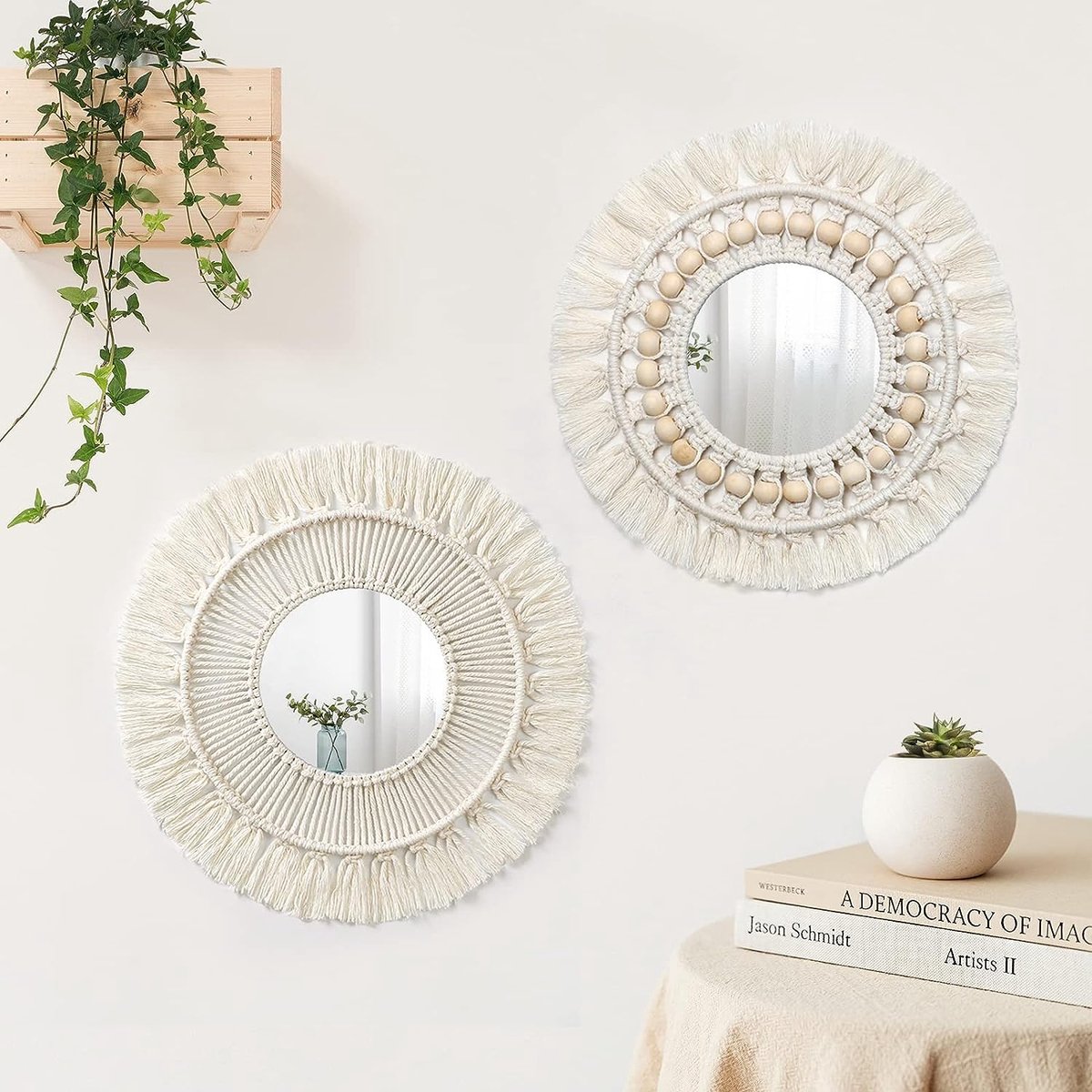 GABRIELLE Miroir mural suspendu avec franges en macramé 2 ensemble petit  miroir décoratif bohème rond pour