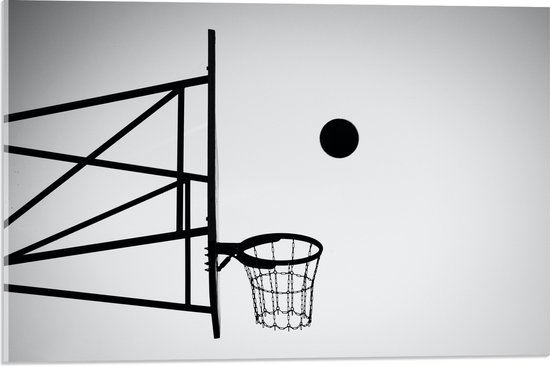 Acrylglas - Bal Vallend in Basket (Zwart-wit) - 60x40 cm Foto op Acrylglas (Met Ophangsysteem)
