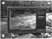 Tuinposter – Oude Vintage Televisie met Doorkijk op Rivier (Zwart-wit) - 40x30 cm Foto op Tuinposter (wanddecoratie voor buiten en binnen)