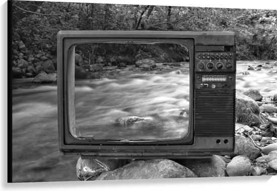 Canvas - Oude Vintage Televisie met Doorkijk op Rivier (Zwart-wit) - 120x80 cm Foto op Canvas Schilderij (Wanddecoratie op Canvas)