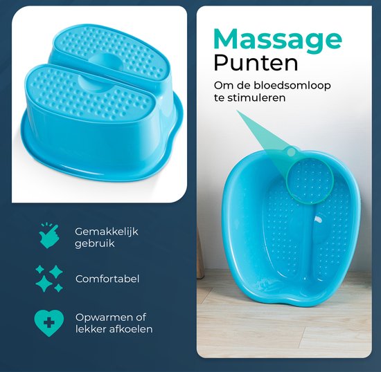 Blauw voetenbad met massagedeeltjes voor stimulatie van de bloedsomloop. Tekst: "Massage Punten".