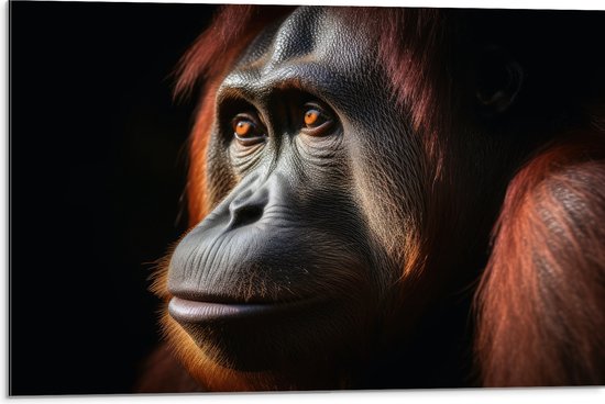 Dibond - Zijaanzicht van Relaxte Orang Oetan - 75x50 cm Foto op Aluminium (Met Ophangsysteem)