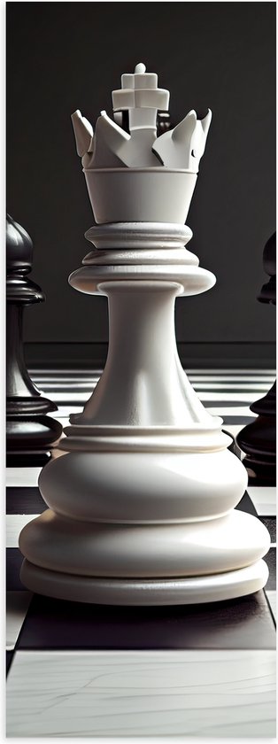Poster Glanzend – Zwarte Schaakstukken om Witte Koning op Schaakbord (Zwart-wit) - 40x120 cm Foto op Posterpapier met Glanzende Afwerking