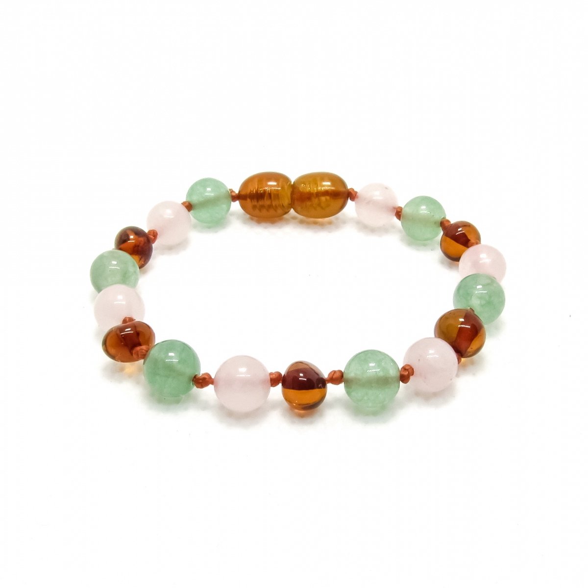 Wild Sun Barnsteen Armband Baby / Peuter - Amber Enkelbandje - Baltische Barnsteen – Pijnstillend bij Doorkomende Tanden - 14 cm - Cognac / Aventurijn / Rozenkwarts