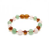 Wild Sun Barnsteen Armband Kind - Amber Enkelbandje - Baltische Barnsteen – 16,5 cm - Cognac / Aventurijn / Rozenkwarts