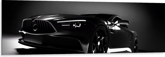 Dibond - Zwarte Auto in Grijs met Zwarte omgeving - 150x50 cm Foto op Aluminium (Met Ophangsysteem)