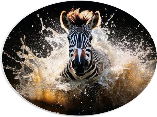 PVC Schuimplaat Ovaal - Vooraanzicht van Zwemmende Zebra in Beekje - 40x30 cm Foto op Ovaal (Met Ophangsysteem)