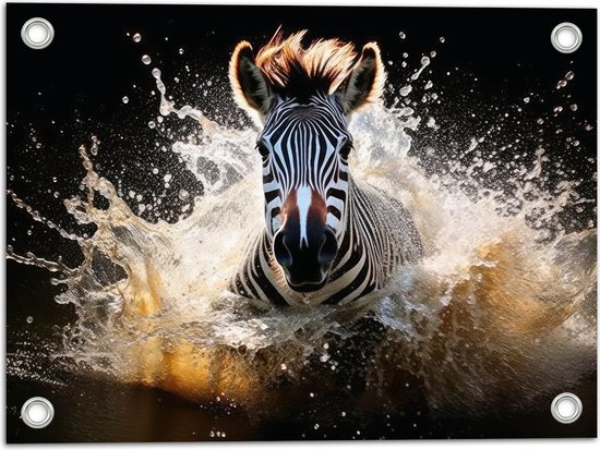 Tuinposter – Vooraanzicht van Zwemmende Zebra in Beekje - 40x30 cm Foto op Tuinposter (wanddecoratie voor buiten en binnen)