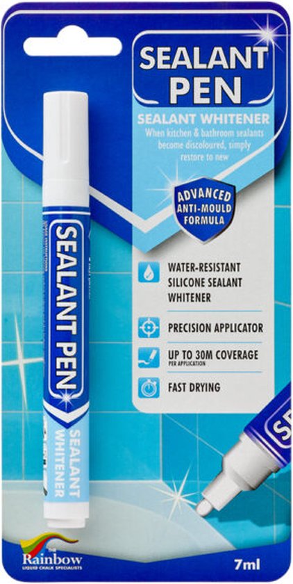 Verpakking van een kitstift 'Sealant Pen Sealant Whitener' met informatie over waterbestendige formule en sneldrogend.
