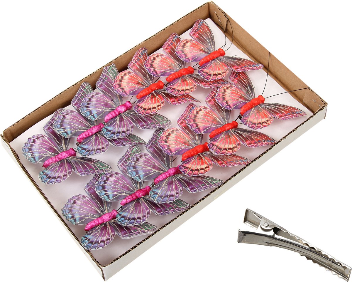 Othmar Decorations decoratie vlinders op clip - 12x - rood/paars -9 cm