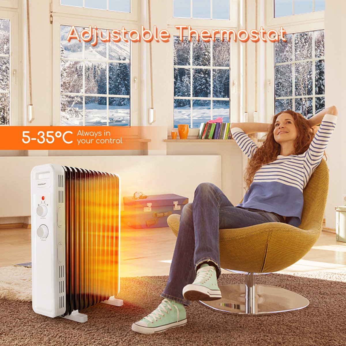 Aigostar Hubery 33ZDK - Oliegevulde radiator - Kachel - 3 Standen - Elektrische verwarming - 2500W - Wit – foto 2