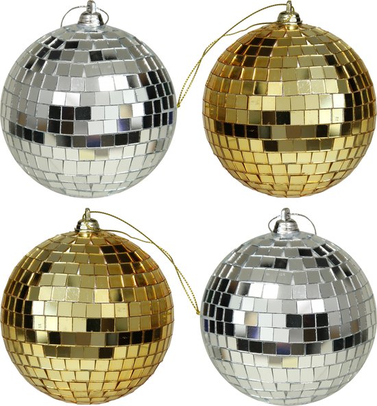 Kerstballen disco 4x st goud en zilver 10 cm kunststof spiegel kerstballen bol
