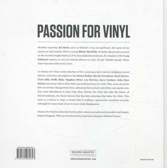 Achterkant van het boek 'Passion For Vinyl' met tekst over de inhoud en de auteurs.