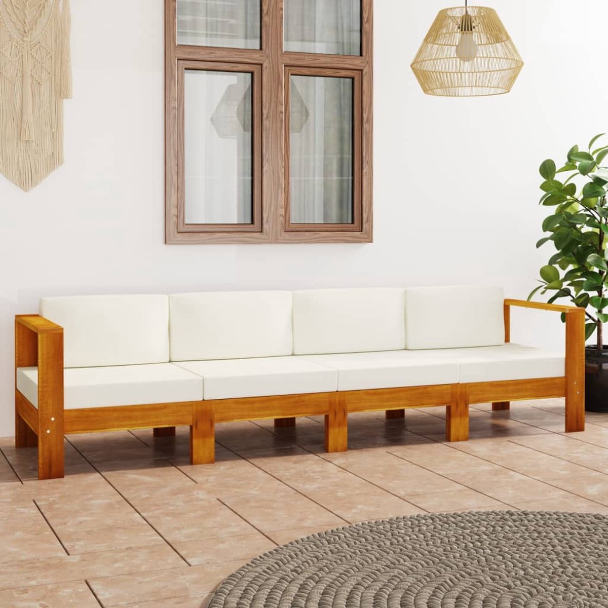 Tuinbank van massief acaciahout met crèmewitte kussens - The Living Store.