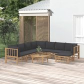 The Living Store Bamboe Loungeset - Modulair - Inclusief 4x middenbank - 3x hoekbank - 1x voetenbank - 1x tafel - Donkergrijs kussen - 150x65x30 cm