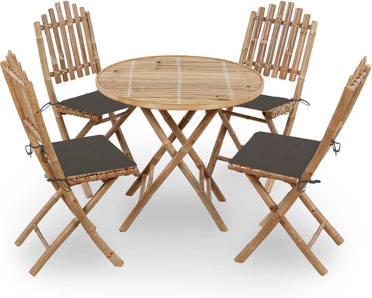 The Living Store 5-delige Tuinset inklapbaar met kussens bamboe - Bamboetuinset - Buitentijd - Tuinset - Lounge Set - Eettafel