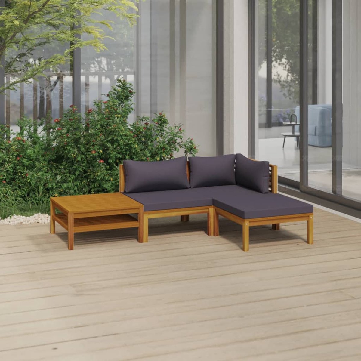 Loungeset van massief acaciahout met kussens voor buiten - The Living Store