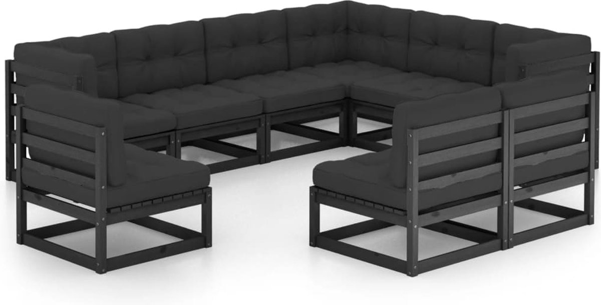The Living Store 9-delige Loungeset met kussens massief grenenhout zwart - Loungeset - Tuinset - Houten Lounge - Tuinlounge - Outdoor Furniture