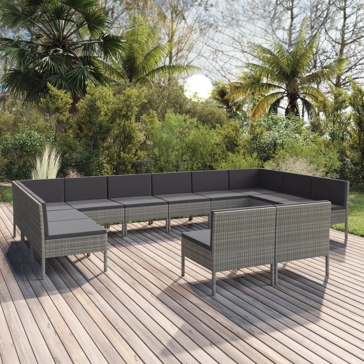 The Living Store 12-delige Loungeset met kussens poly rattan grijs - Loungeset - Tuinset - Tuinmeubels - Loungestoel - Buitendining