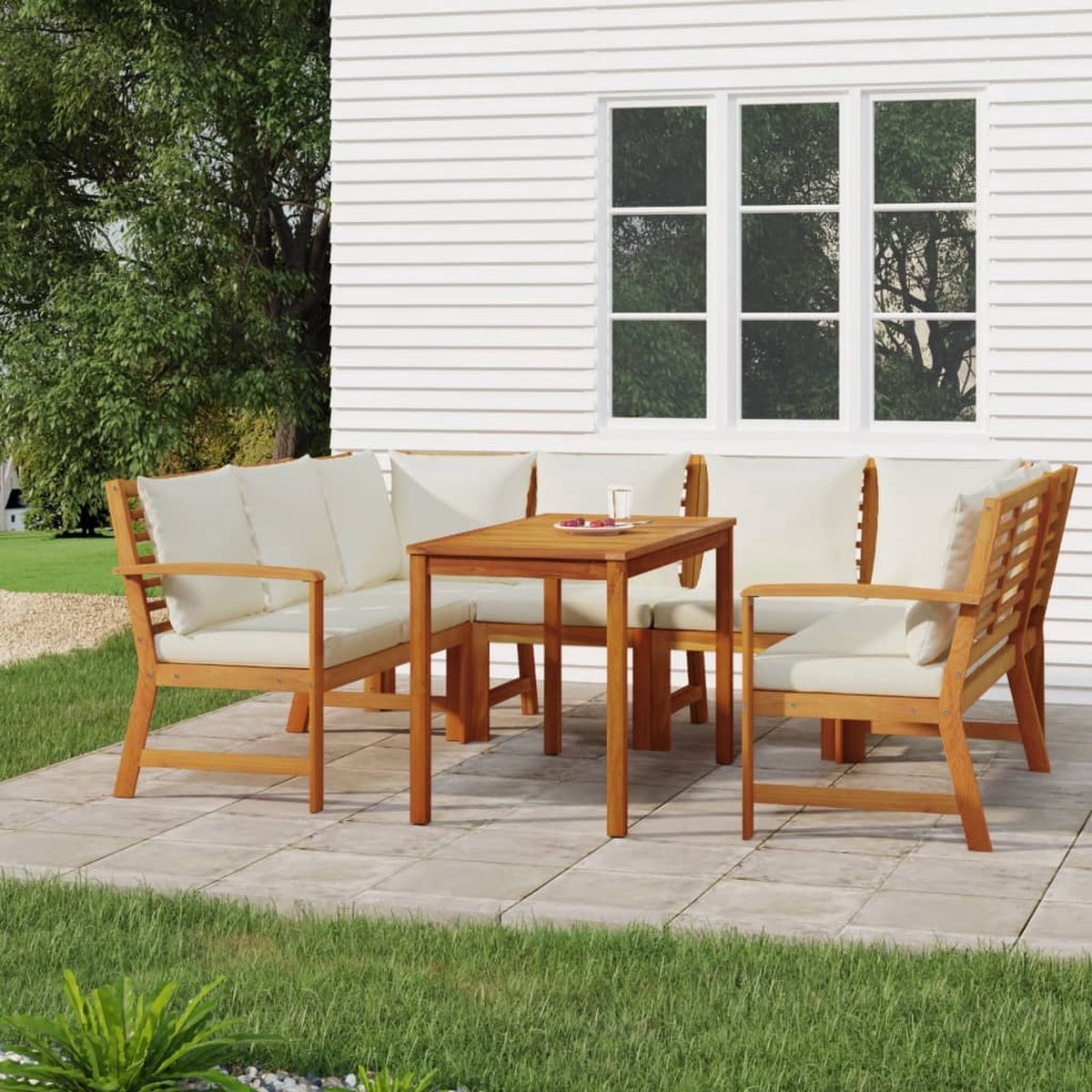 The Living Store 7-delige Tuinset met kussens massief acaciahout - Houten Tuinset - Acacia Hout - Tuinset 7-delig - Lounge Set - Buitendecoratie