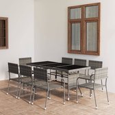 The Living Store Poly rattan tuinset - eettafel 170x80x74 cm - glazen tafelblad - 8 stapelbare stoelen - grijs/antraciet - PE-rattan en staal - eenvoudig schoon te maken - montage vereist
