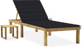 The Living Store Loungebed - Tuinbed - Houten - Verstelbare rugleuning - Grenenhout - Zwart kussen - Inclusief tafel - Afmetingen 200 x 70 x (31.5 - 77) cm