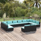 The Living Store Lounge set - PE-rattan - Waterblauw kussen - Zwart - Modulair design