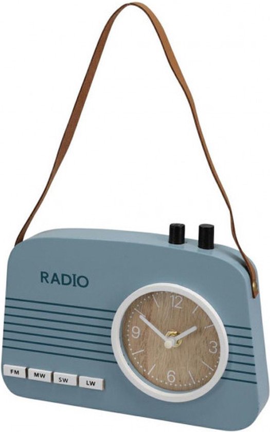 Horloge de table en bois en forme de radio. Couleur bleue