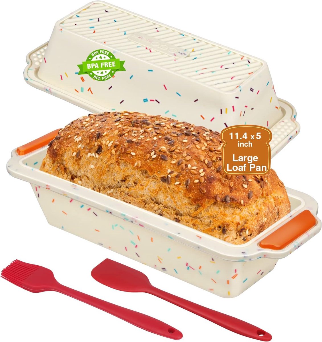 Brotbackform Silikon, Kastenform Kuchen Silikon, 13x29x6.5cm, Silikon Backform Kasten met siliconenbackbürste & Teigschaber für Kuchen & Brote (Beige)