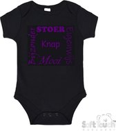 100% katoenen Romper "Stoer Eigenwijs Mooi Bijzonder Knap" Meisjes Katoen Zwart/paars Maat 56/62